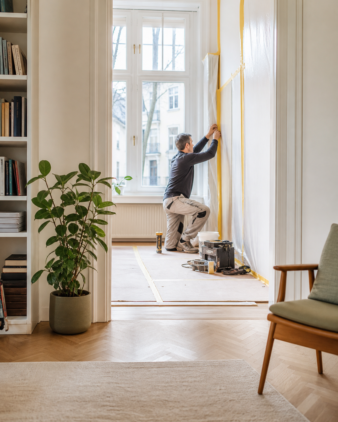 Handwerker richtet in einer hellen bewohnten Altbauwohnung einen geschützten Arbeitsbereich ein