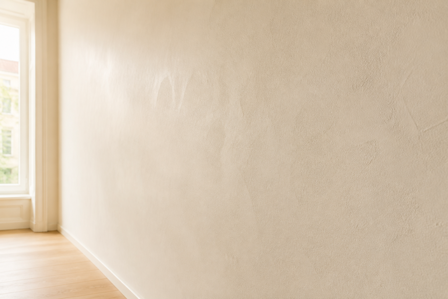 Helle, frisch verputzte Wand in einem sonnigen Altbauraum